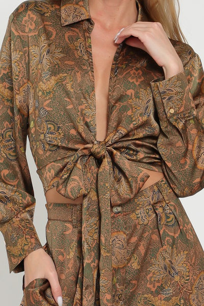 Brown Paisley Print Long Sleeve Front Tie Waisted Crop Top