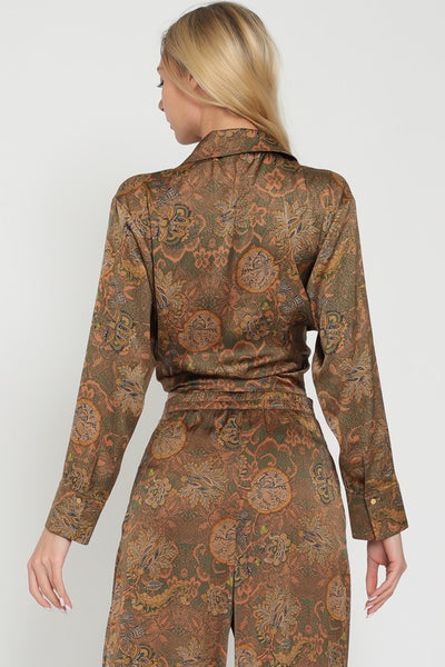 Brown Paisley Print Long Sleeve Front Tie Waisted Crop Top