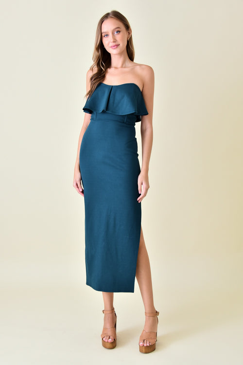 Dark Green Chic Ruffle Thigh Slit Ankle Length Dress
