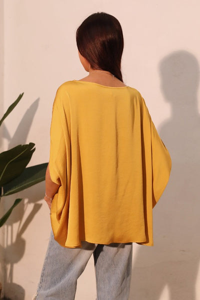 Mustard Washed Poly Silk Boat Neck Caftan Top
