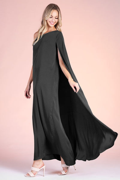 Black Colored Washed Poly Silk One Shoulder Cape Maxi Dress