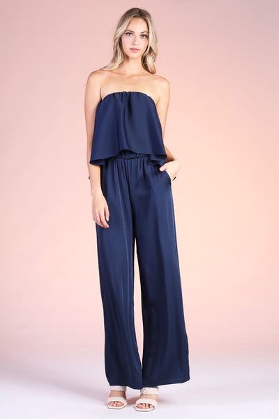 Navy Colored Washed Poly Silk Cascade Strapless Jumpsuit