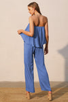 Blue Poly Silk Strapless Jumpsuit