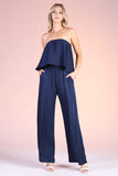Navy Colored Washed Poly Silk Cascade Strapless Jumpsuit