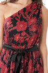 Black and Burgundy Floral One Shoudler Maxi Dress