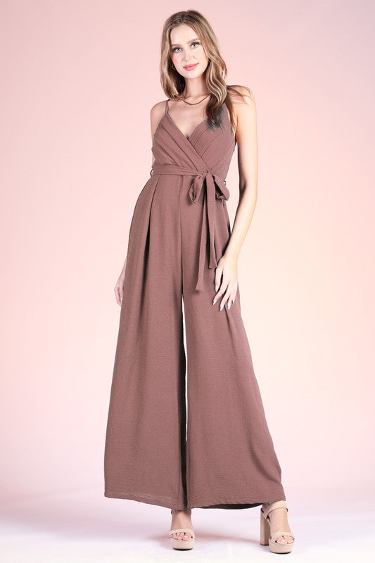 Mocha Colored Matte Crepe Pleated Cami Jumpsuit