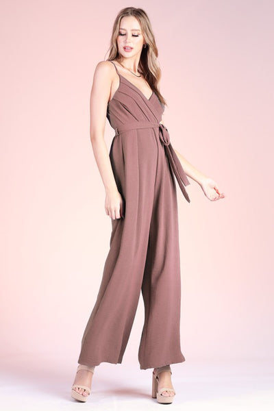 Mocha Colored Matte Crepe Pleated Cami Jumpsuit