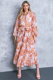 Ivory and Peach Floral Print Collared Midi Dress
