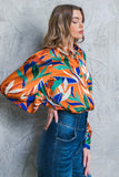 Rust Colored Leaf Print Button Down Top