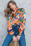 Rust Colored Leaf Print Button Down Top