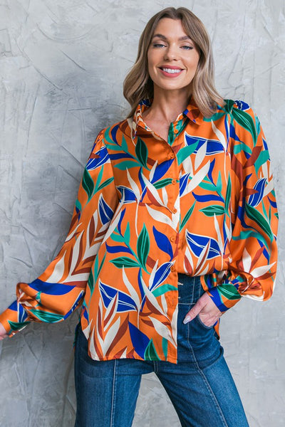 Rust Colored Leaf Print Button Down Top