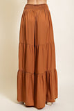 Camel Colored Elastic Waist Tiered Satin Wide Pants
