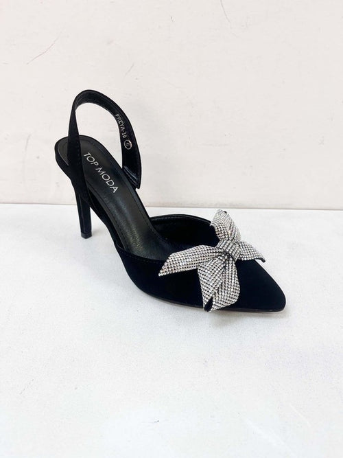 Black Colored and Rhinestone Bow Detail Pumps