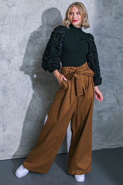 Brown Colored High-Waisted Wide Leg Twill Pants