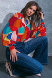 Red and Blue Multi Print Smocked Cuff Blouse