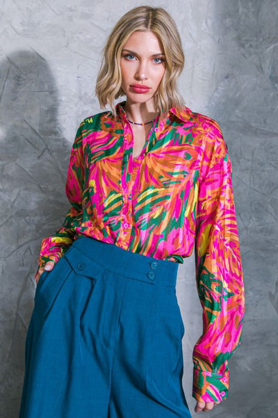 Pink and Green Multi Print Button Down Blouse