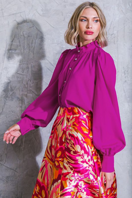 Magenta Colored High Ruffled Neckline Blouse