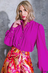 Magenta Colored High Ruffled Neckline Blouse