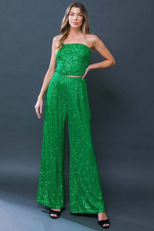 Green Colored Sequin Tube Top and Wide Leg Pant Set