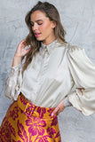 Champagne Colored Sequin Collared and Cuff Button Down Top