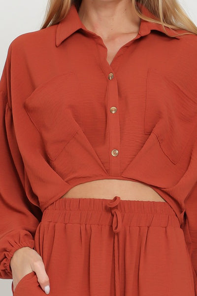 Rust Colored Long Sleeve Button Down Crop Top