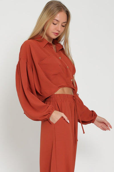 Rust Colored Long Sleeve Button Down Crop Top