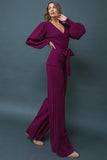 Magenta Colored Self Sash Tie Sweater Top and Wide Leg Pant Set