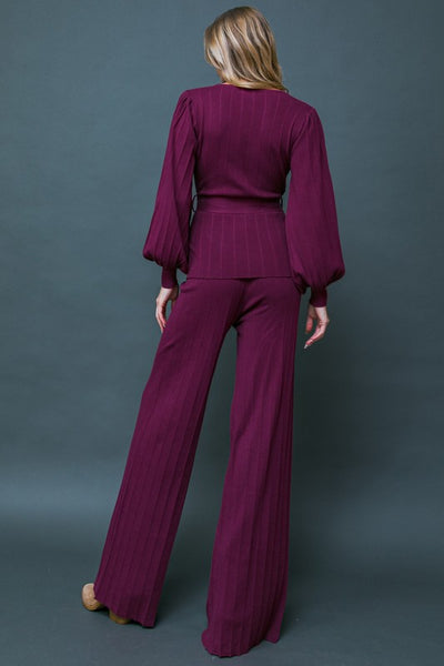 Magenta Colored Self Sash Tie Sweater Top and Wide Leg Pant Set