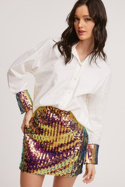Multi Colored Cuffed Sequin Sleeve Button Down Top