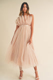 Nude Blush Colored Belted Voluminous Tulle Mid Dress
