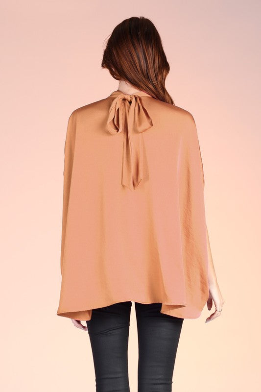 Camel Poly Silk Mock Neck Top