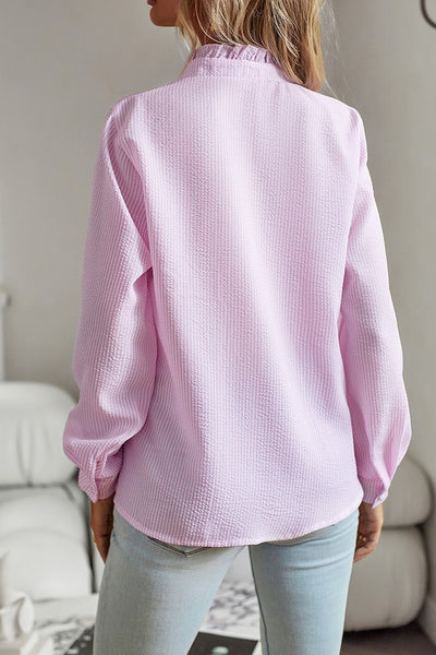 Pink French Striped Print Ruffle Trim Button Down