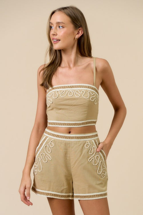Tan Boho Embroidered Shorts