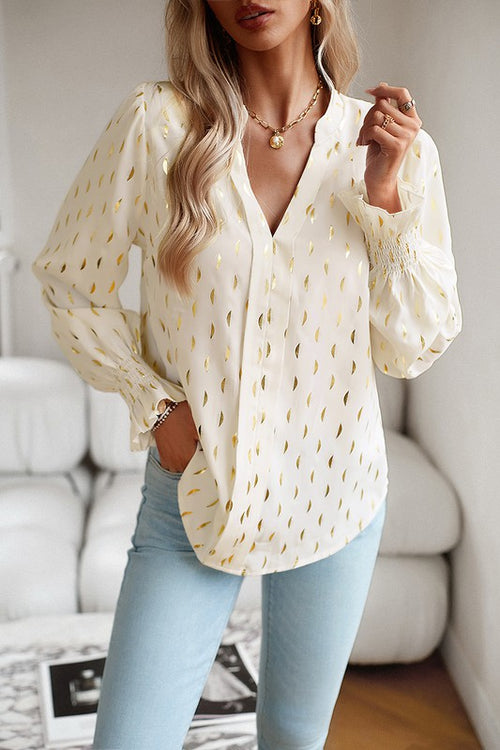 Beige Colored Allover Print Loose Fit Elastic Hem V Neck Blouse