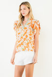 Orange Floral Print Ruffle Sleeve V-Neck Blouse