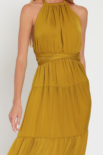 Golden Mustard Colored Sleeveless Halter Maxi Dress