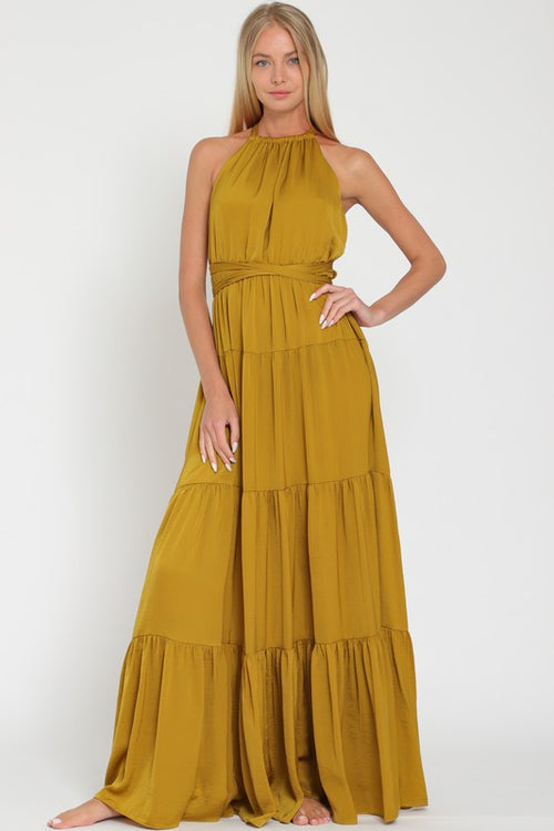 Golden Mustard Colored Sleeveless Halter Maxi Dress