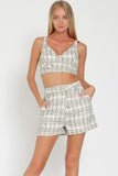 Beige Ivory and Black Tweed Top and High Waisted Short Set