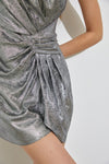 Silver and Black Colored Side Gathered One Shoulder Dress