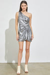 Silver and Black Colored Side Gathered One Shoulder Dress
