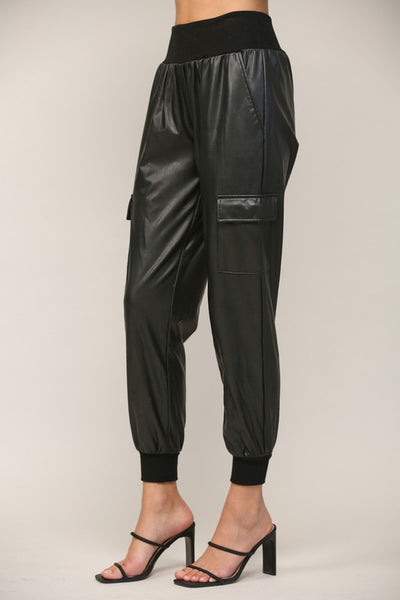 Black Colored Contrast Rib Band Trim Faux Leather Joggers