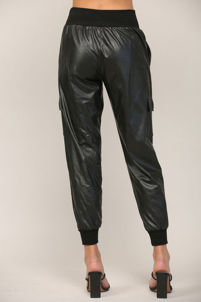 Black Colored Contrast Rib Band Trim Faux Leather Joggers
