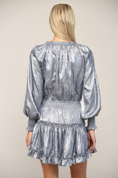 Metallic Blue Foiled Fabric Tiered Dress