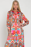 Fuchsia and Tangerine Colored Mult Design Long Sleeve Button Down Top