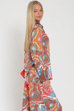 Fuchsia and Tangerine Colored Mult Design Long Sleeve Button Down Top