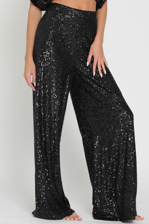 Black Colored Sequin High Waisted Long Pants