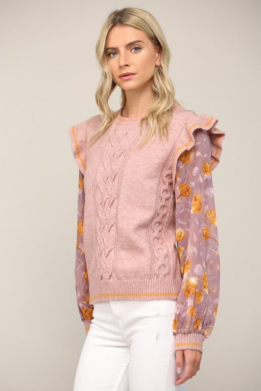 Mauve Colored Jacquard Print Sleeve Cable Knit Sweater