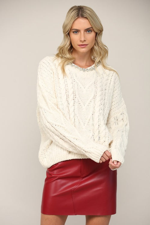 Cream Colored Embellsihed Cable Knit Sweater