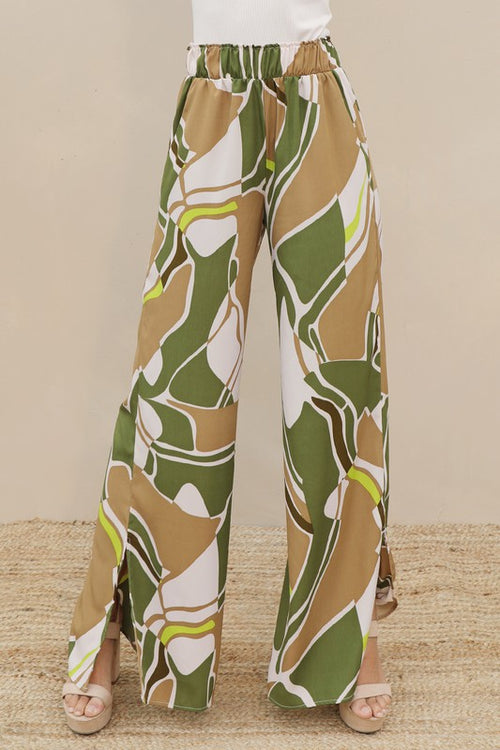 Olive Multi Colored Side Slit Wide Leg Pants