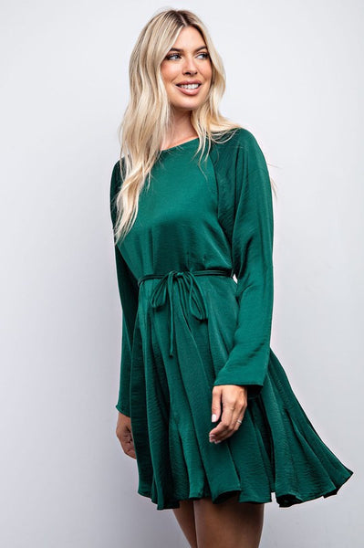 Hunter Green Raglan Sleeve Godet Skirt Mini Dress